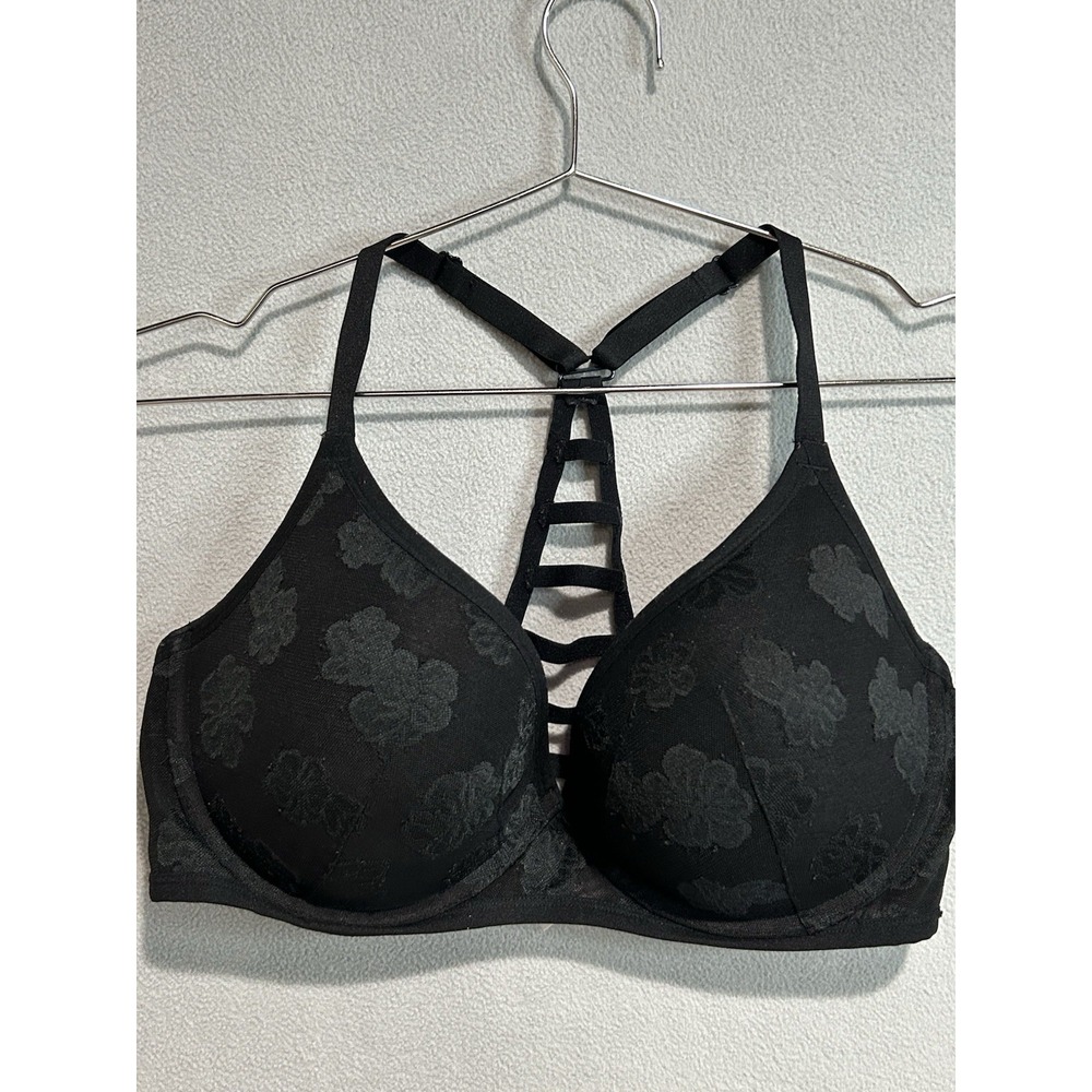 Victoria's Secret PINK Bra Women 36DD Black Floral Cage Strappy Racerback